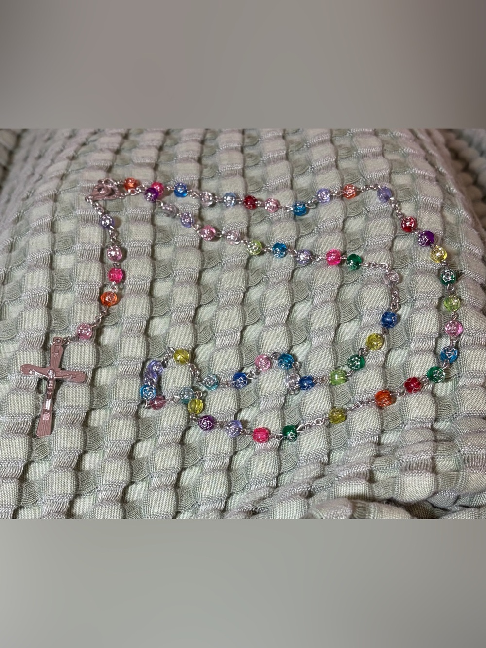 Multicolor Silver Tone Rosary Necklace with Cross Pendant